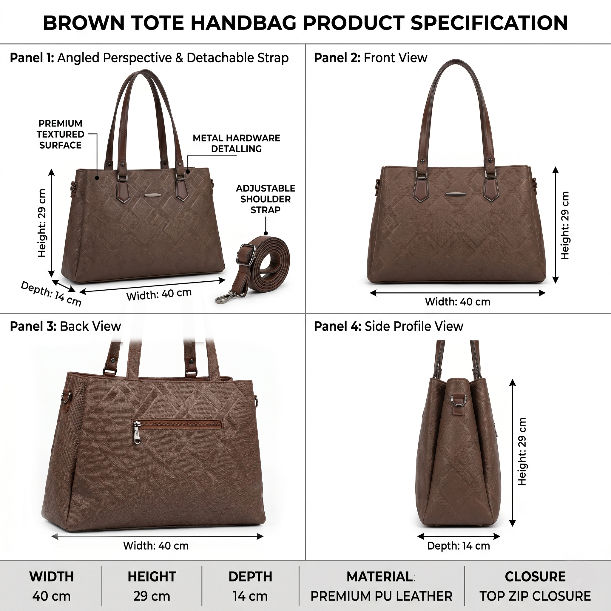 Obyesha Women's Premium Brown Textured Tote Handbag Set with Detachable Sling Pouch – Large Office Shoulder Bag