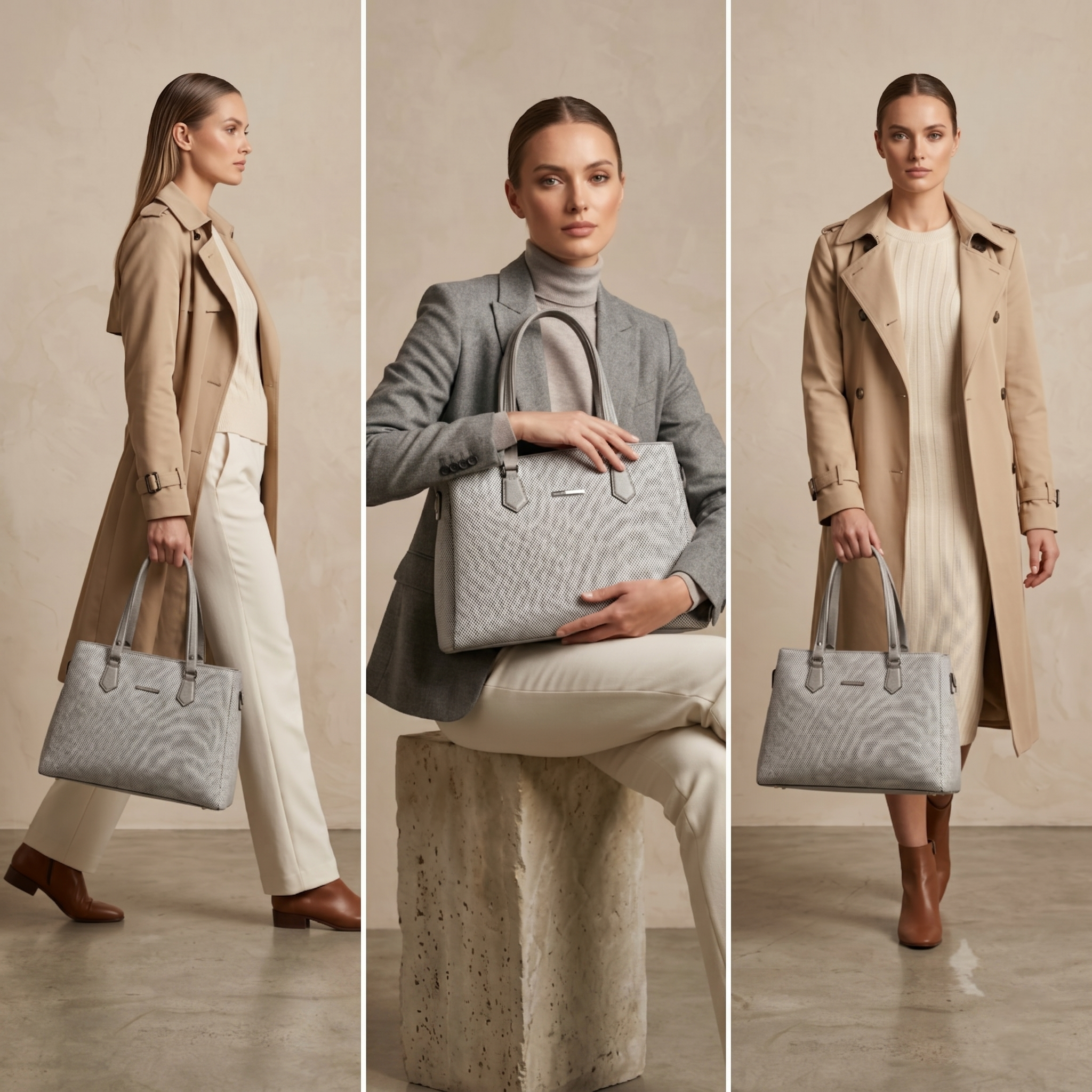 Obyesha Women's Premium Grey Textured Tote Handbag Set with Detachable Sling Pouch – Large Office Shoulder Bag