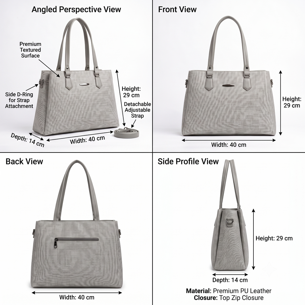 Obyesha Women's Premium Grey Textured Tote Handbag Set with Detachable Sling Pouch – Large Office Shoulder Bag