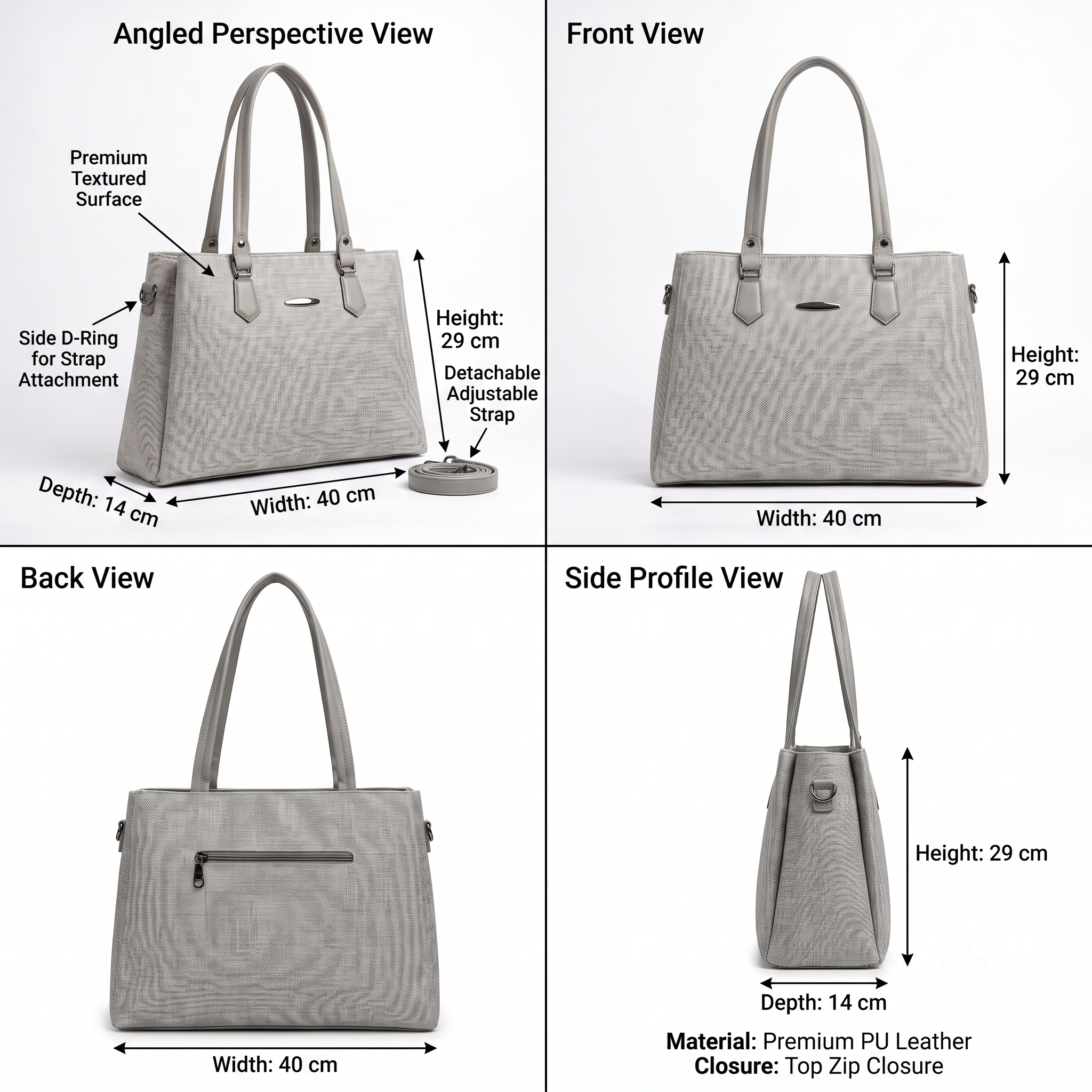 Obyesha Women's Premium Grey Textured Tote Handbag Set with Detachable Sling Pouch – Large Office Shoulder Bag