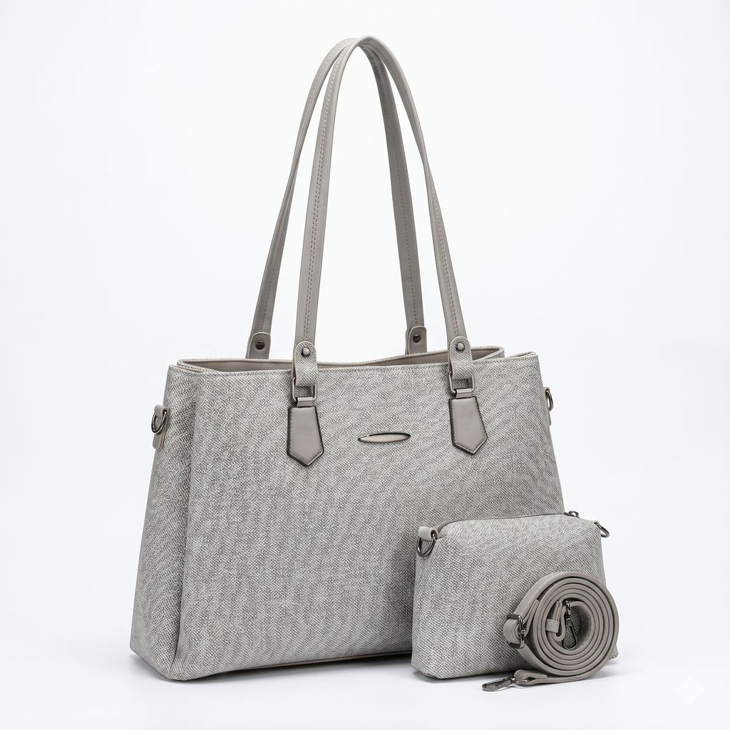 Obyesha Women's Premium Grey Textured Tote Handbag Set with Detachable Sling Pouch – Large Office Shoulder Bag