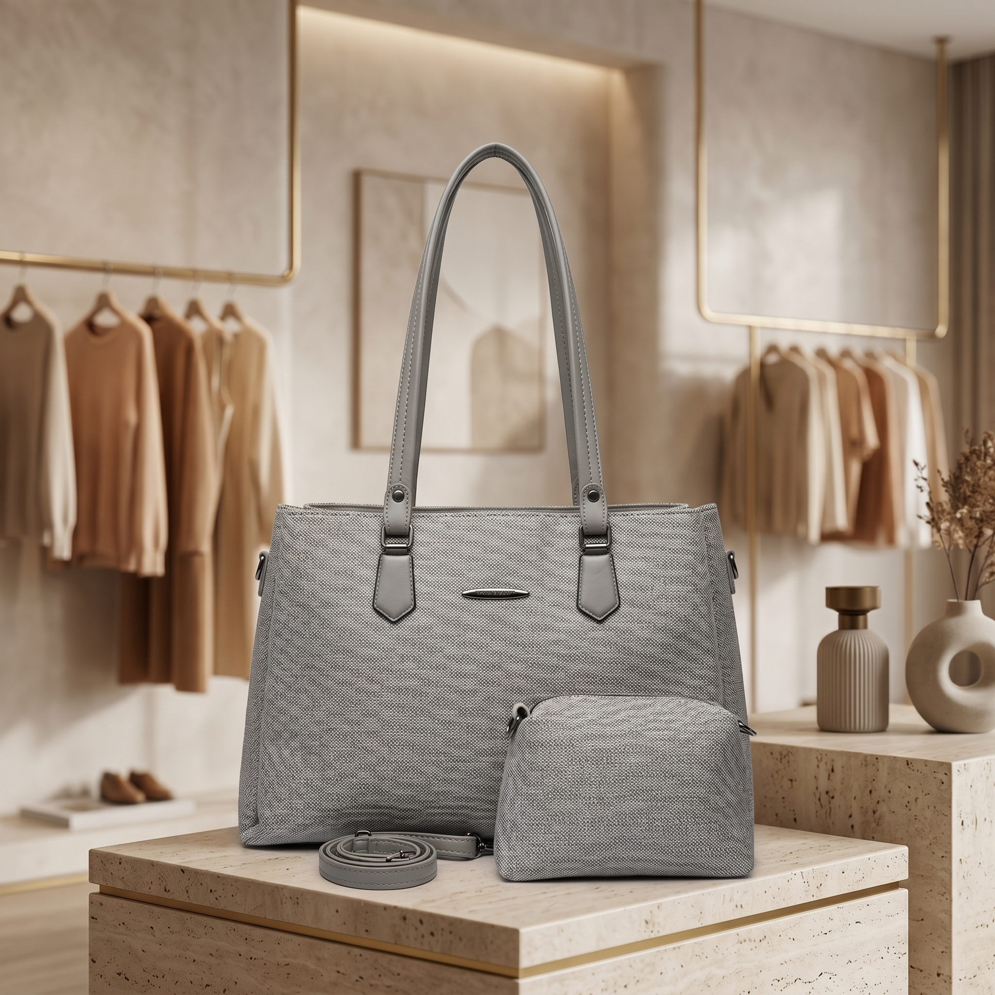 Obyesha Women's Premium Grey Textured Tote Handbag Set with Detachable Sling Pouch – Large Office Shoulder Bag