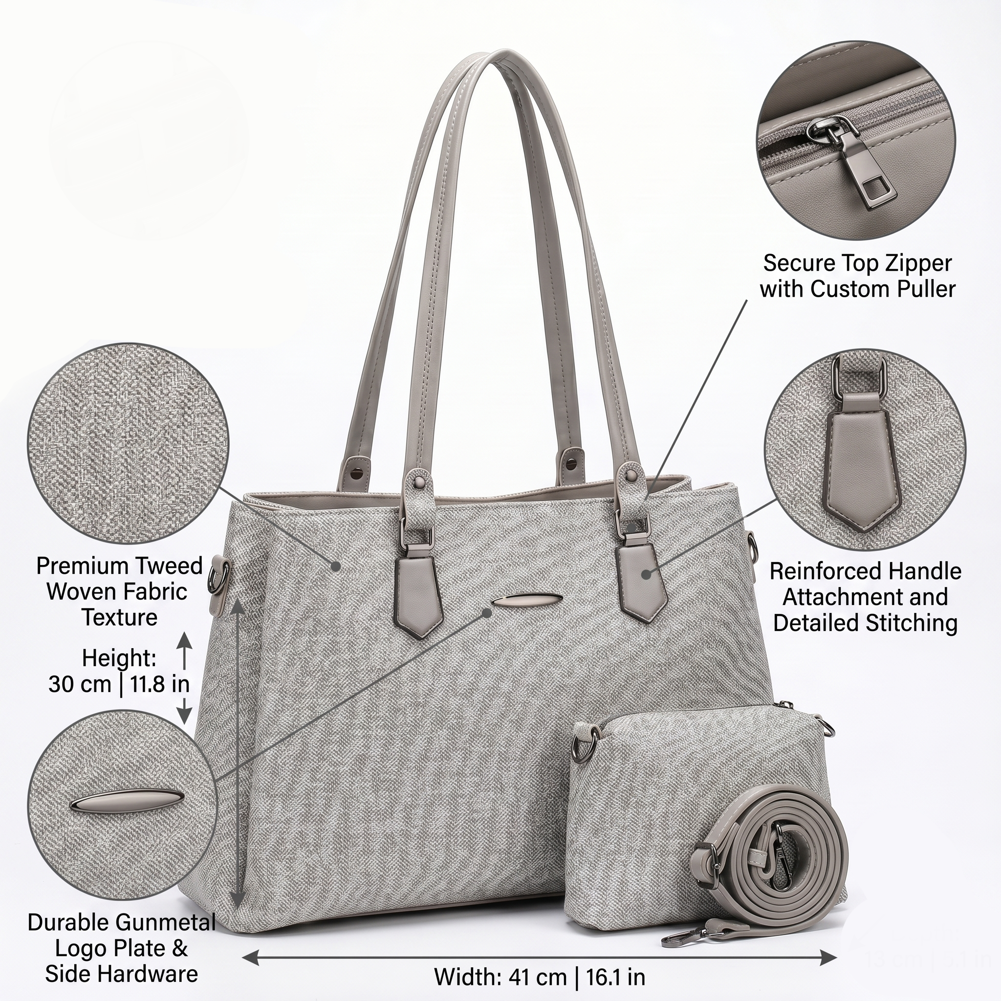 Obyesha Women's Premium Grey Textured Tote Handbag Set with Detachable Sling Pouch – Large Office Shoulder Bag