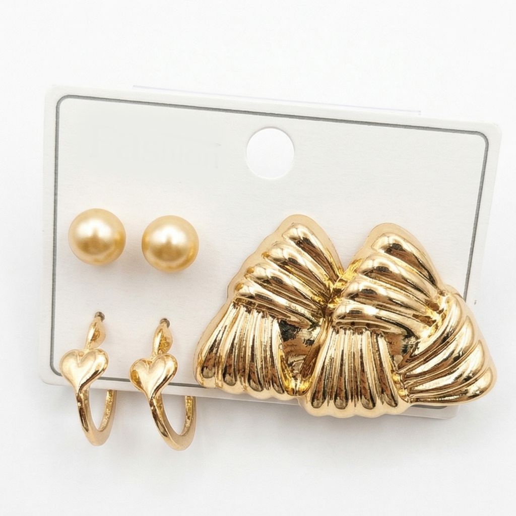 Stylish Gold Earring Combo for Women | Pearl Studs, Heart Hoop Earrings & Statement Bow Earrings | Trendy Fashion Jewellery Set