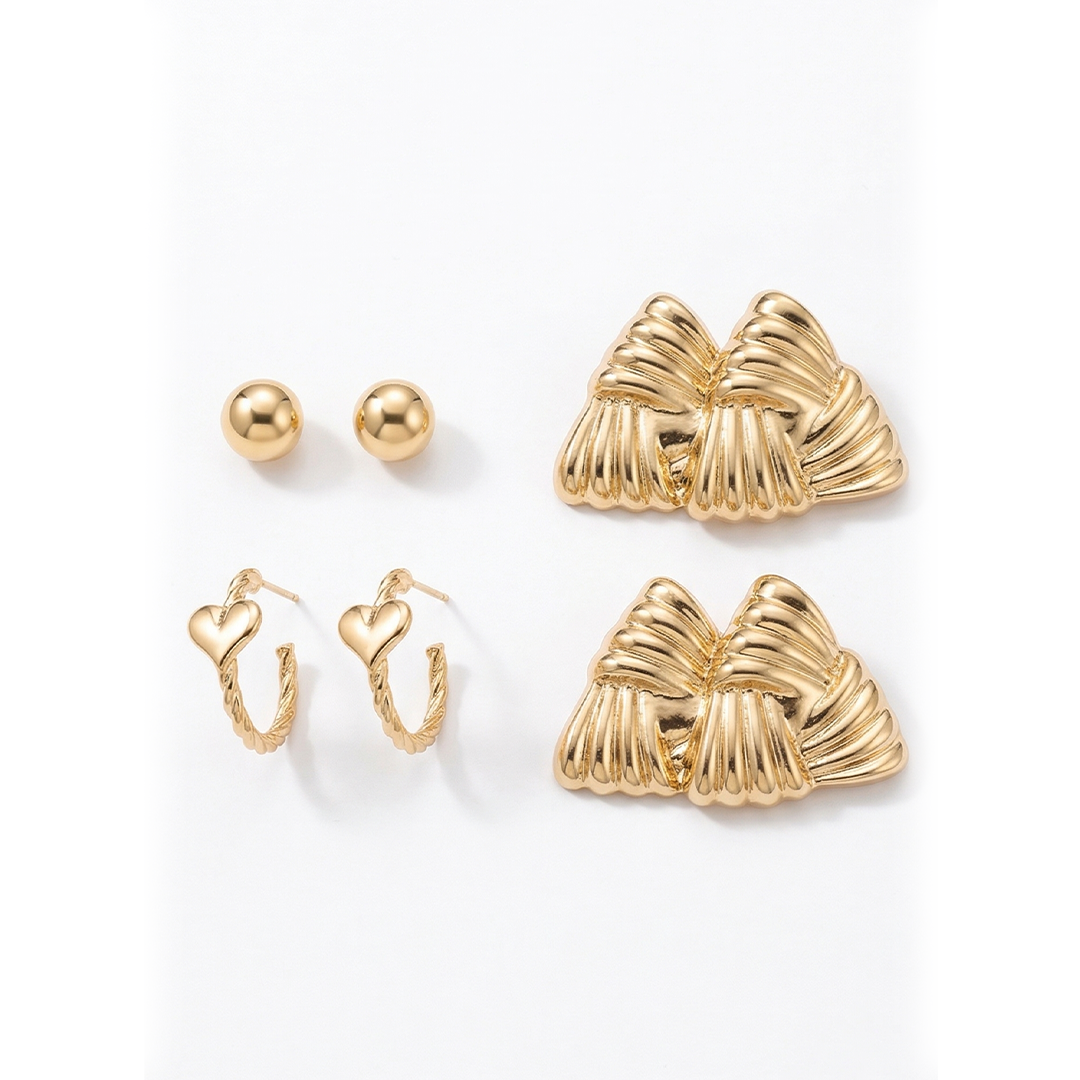Stylish Gold Earring Combo for Women | Pearl Studs, Heart Hoop Earrings & Statement Bow Earrings | Trendy Fashion Jewellery Set
