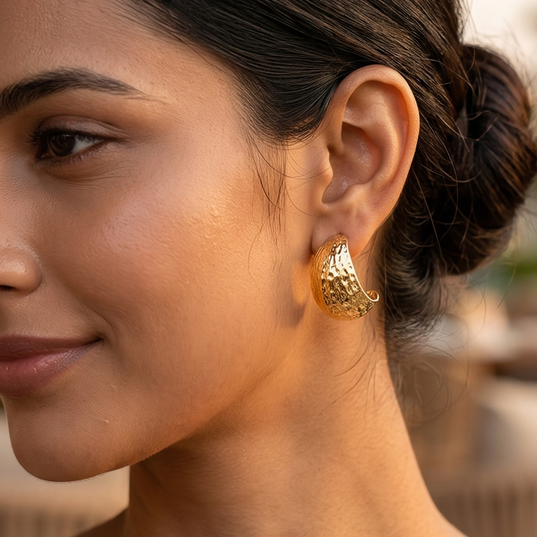 Textured Gold Hoop Earrings for Women | Minimal Crescent Half Hoop Stud Earrings | Elegant Party Wear Korean Style Earrings