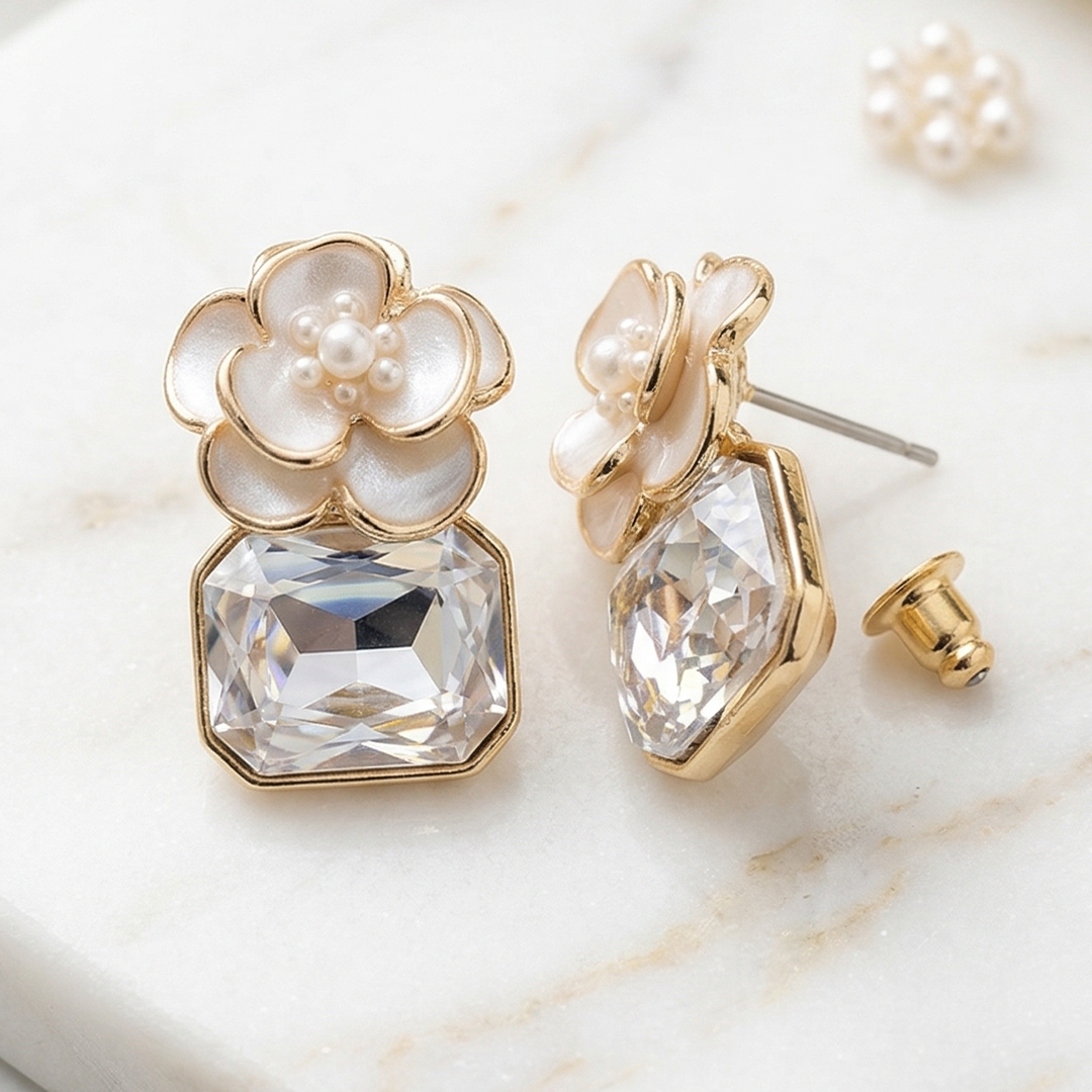 Pack of 3 Floral Crystal Stone Earrings Combo for Women | Pearl White, Rose Pink & Emerald Green Designer Stud Earrings Set | Trendy Party Wear Earrings Pack