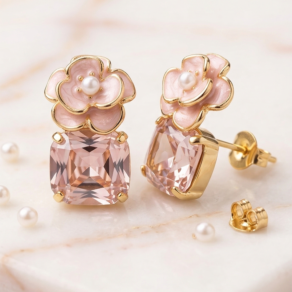 Pack of 3 Floral Crystal Stone Earrings Combo for Women | Pearl White, Rose Pink & Emerald Green Designer Stud Earrings Set | Trendy Party Wear Earrings Pack