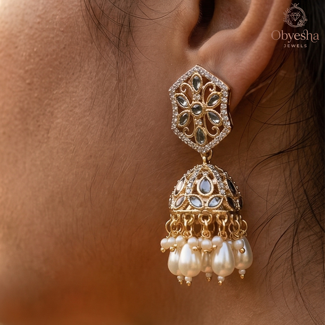 Obyesha Gold Plated Kundan Jhumka Earrings for Women | Pearl Drop Ethnic Earrings | Traditional Wedding & Party Wear Jewelry