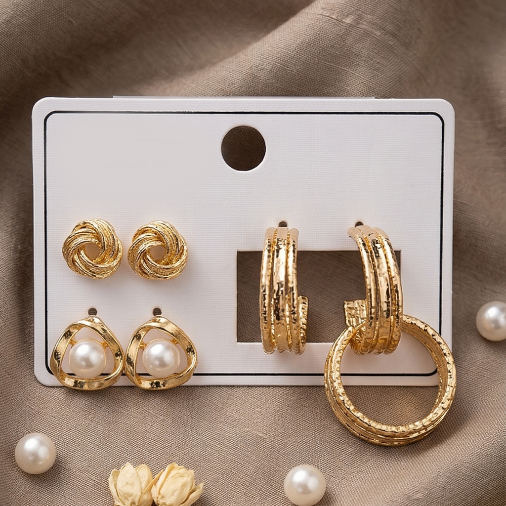 Gold Plated Earring Combo Set for Women | Pearl Studs, Hoop Earrings & Knot Studs | Trendy Daily Wear Jewellery Set (Pack of 3)