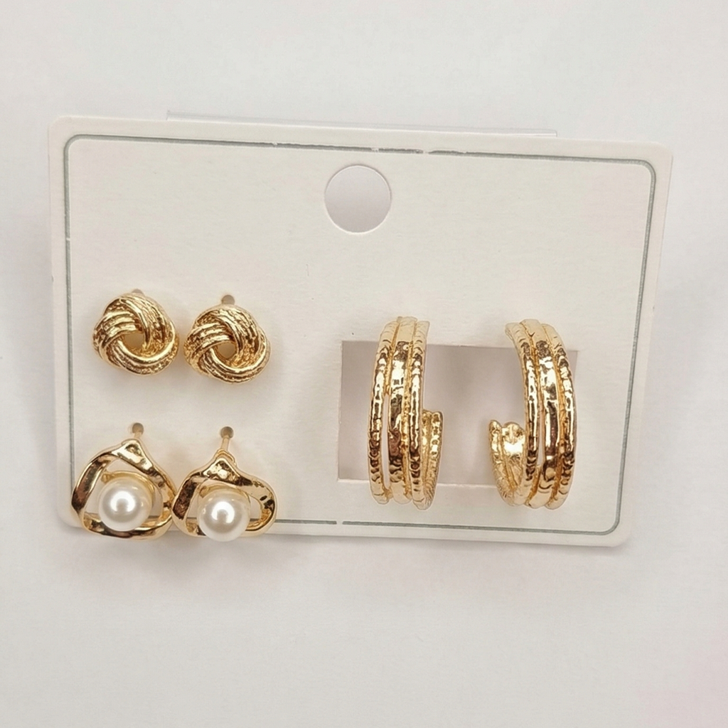 Gold Plated Earring Combo Set for Women | Pearl Studs, Hoop Earrings & Knot Studs | Trendy Daily Wear Jewellery Set (Pack of 3)