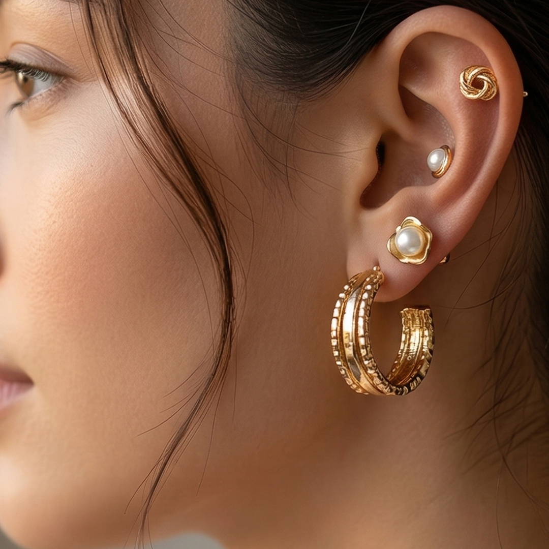 Gold Plated Earring Combo Set for Women | Pearl Studs, Hoop Earrings & Knot Studs | Trendy Daily Wear Jewellery Set (Pack of 3)