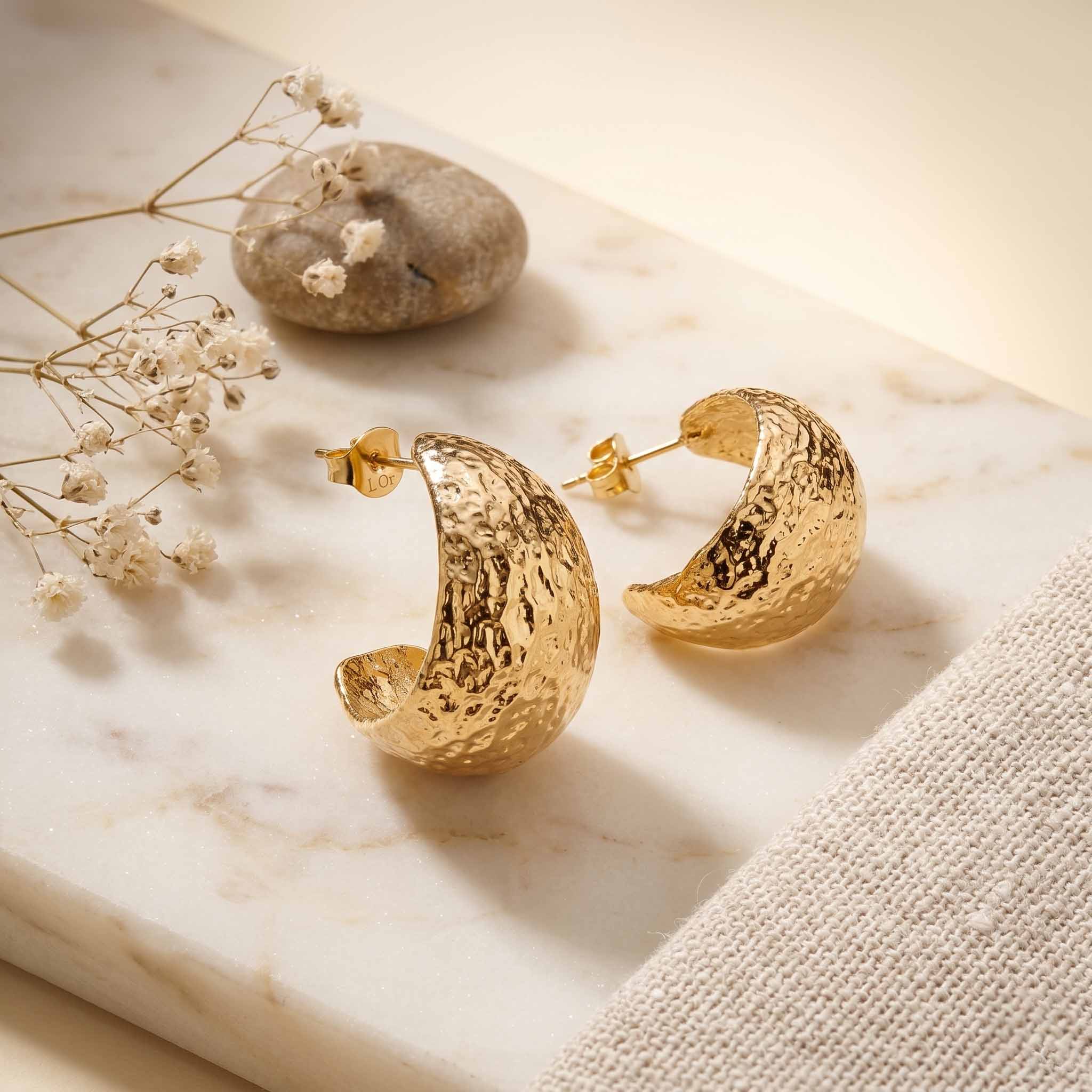 Textured Gold Hoop Earrings for Women | Minimal Crescent Half Hoop Stud Earrings | Elegant Party Wear Korean Style Earrings
