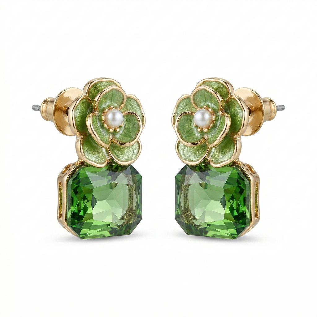 Emerald Green Floral Stud Earrings for Women | Crystal Stone Flower Earrings | Korean Style Cute Party Wear Earrings