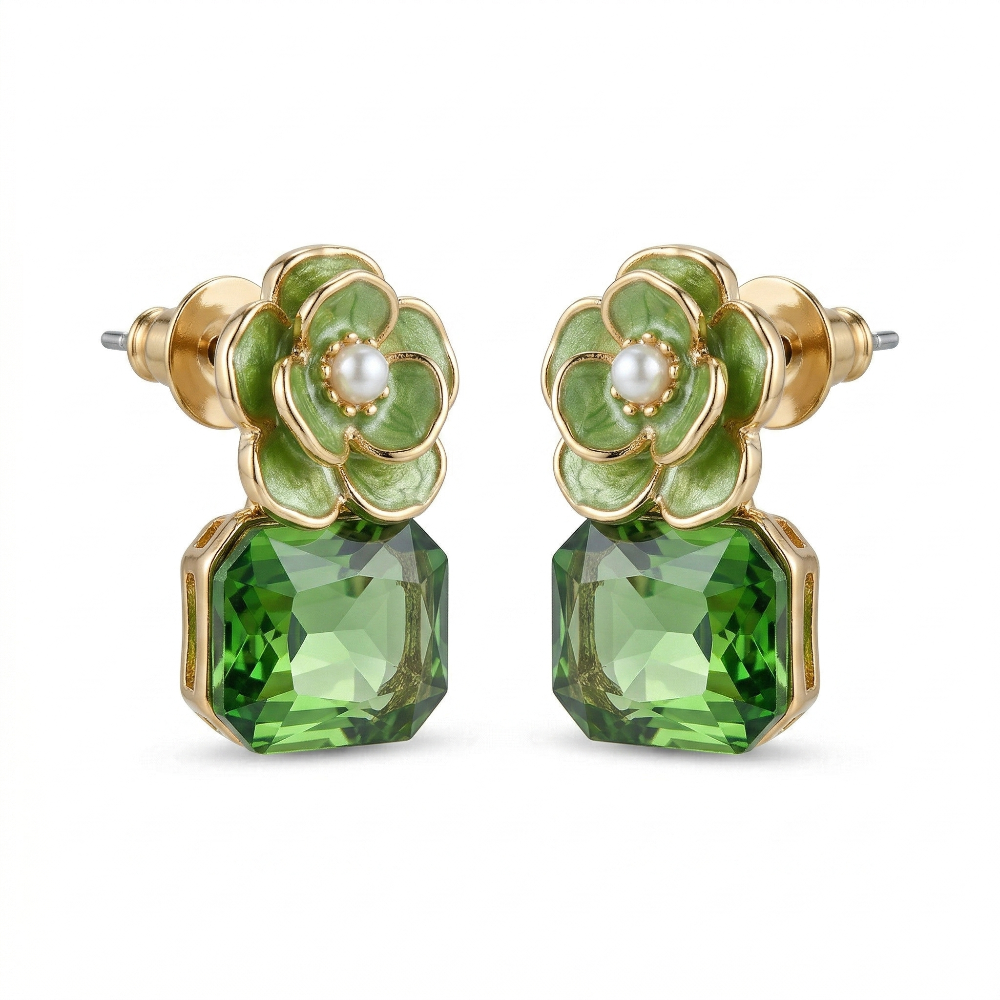 Emerald Green Floral Stud Earrings for Women | Crystal Stone Flower Earrings | Korean Style Cute Party Wear Earrings