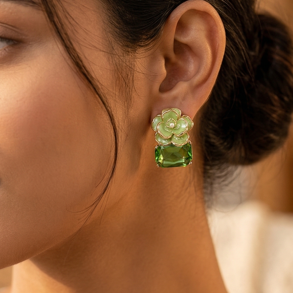 Emerald Green Floral Stud Earrings for Women | Crystal Stone Flower Earrings | Korean Style Cute Party Wear Earrings