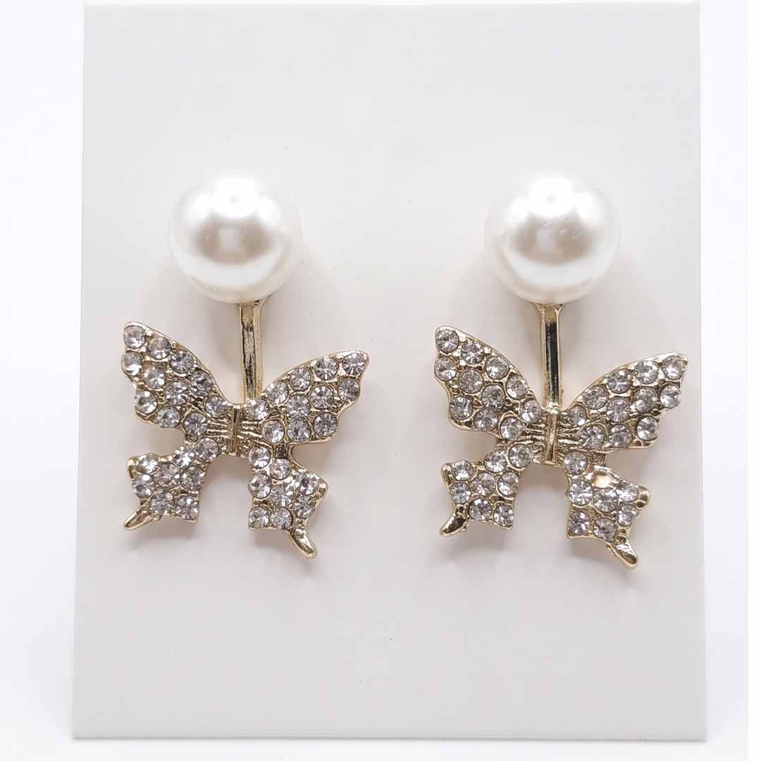 Pack of 3 Luxury Gold Hoop, Crystal Bow & Pearl Butterfly Earrings Combo for Women | Premium 3 Pair Designer Party Wear Earrings Set