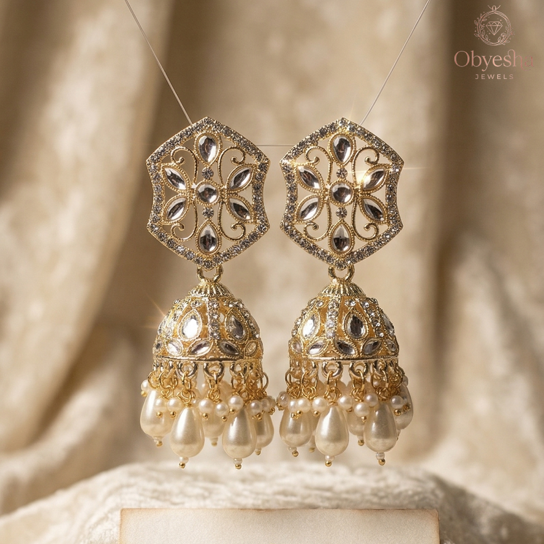 Obyesha Gold Plated Kundan Jhumka Earrings for Women | Pearl Drop Ethnic Earrings | Traditional Wedding & Party Wear Jewelry