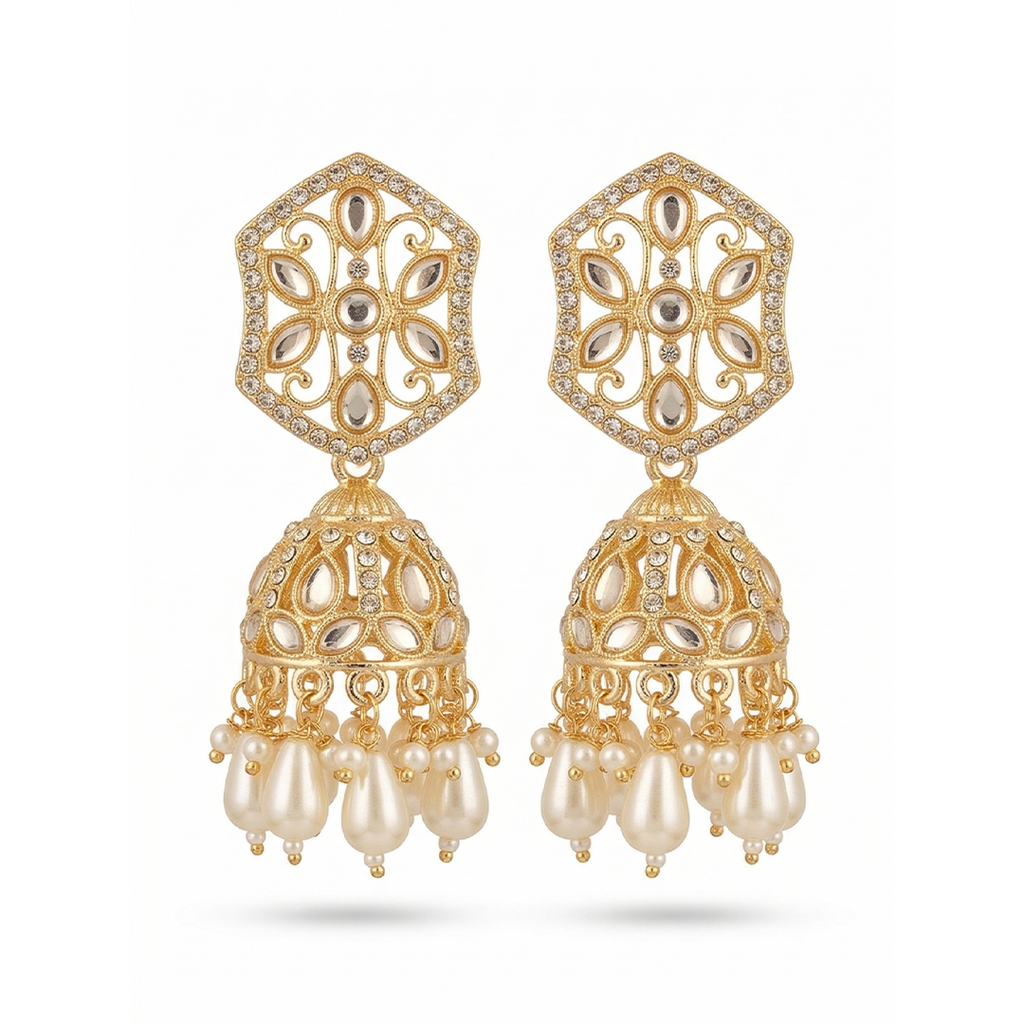 Obyesha Gold Plated Kundan Jhumka Earrings for Women | Pearl Drop Ethnic Earrings | Traditional Wedding & Party Wear Jewelry