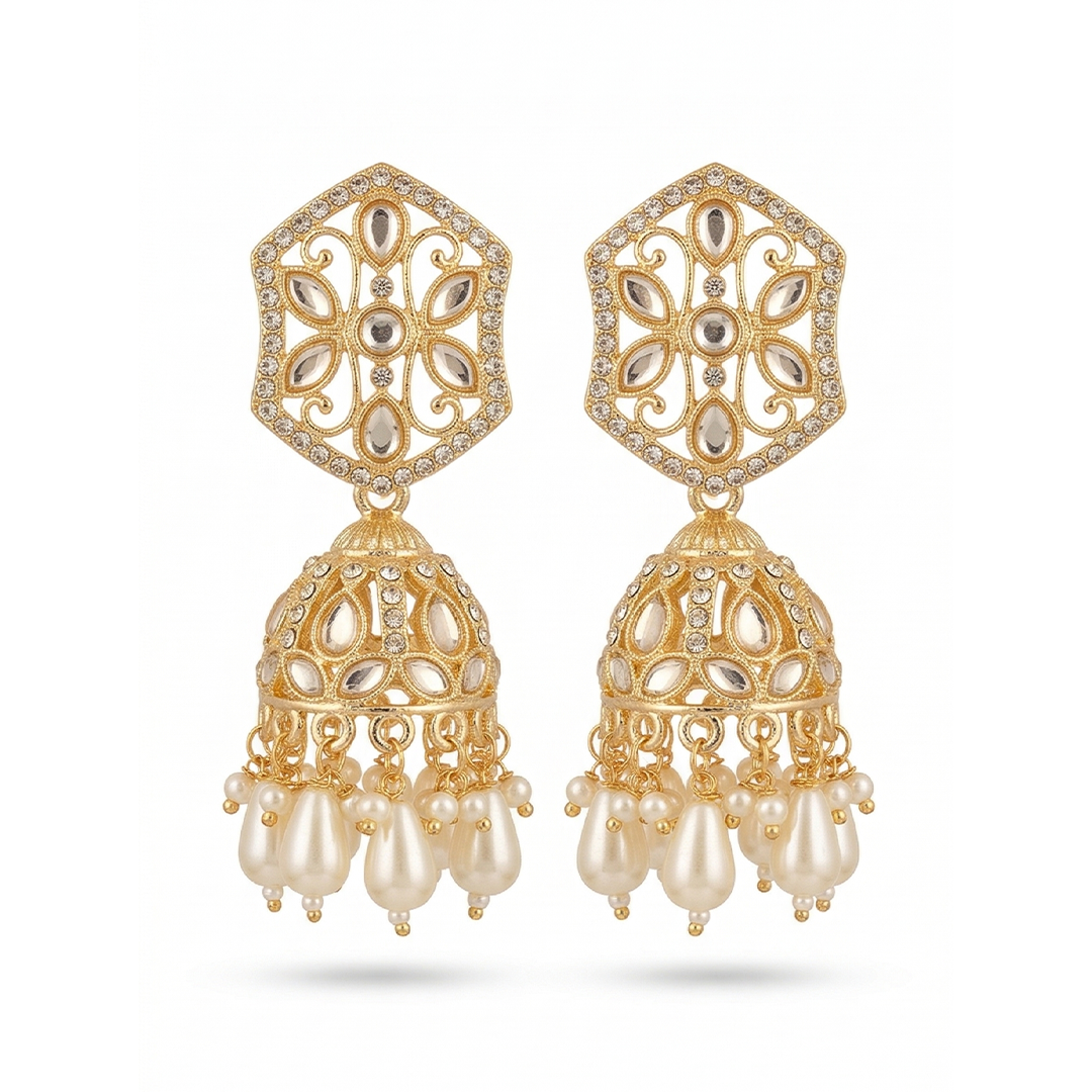 Obyesha Gold Plated Kundan Jhumka Earrings for Women | Pearl Drop Ethnic Earrings | Traditional Wedding & Party Wear Jewelry