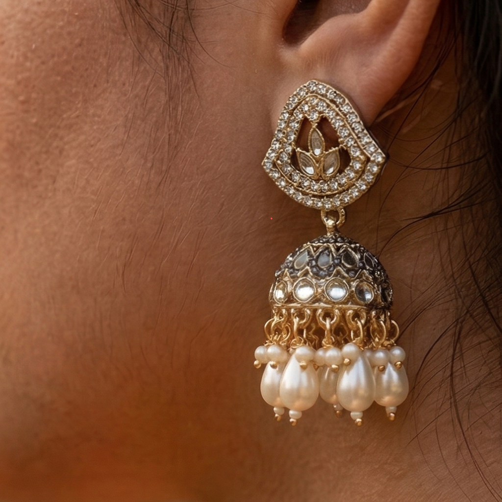 Gold Plated Kundan Jhumka Earrings for Women | Pearl Drop Traditional Earrings | Ethnic Wedding & Party Wear Jewellery