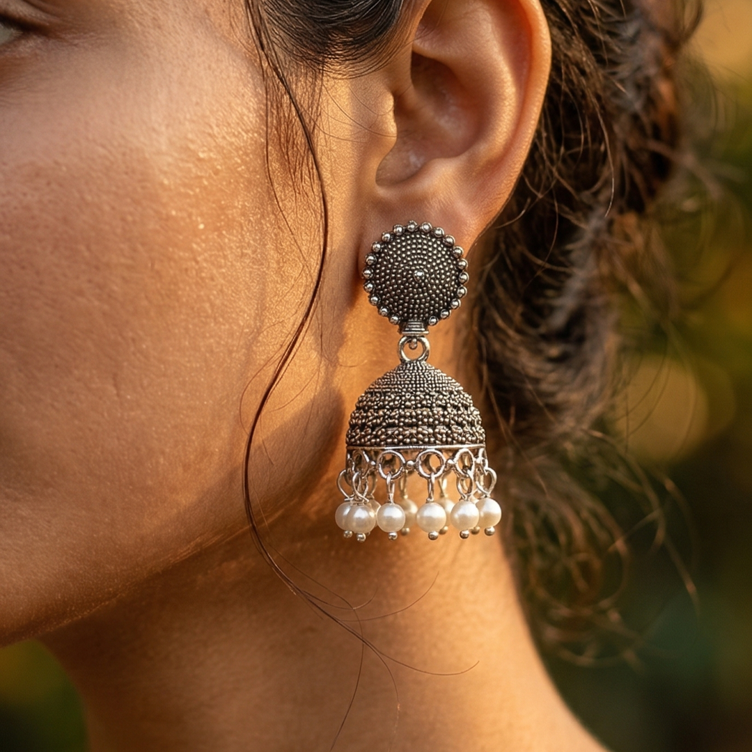Pair of 2 Oxidized Silver Earring Combo for Women | Jhumka with Pearl Drops & Tribal Statement Dangle Earrings | Boho Ethnic Jewellery Set