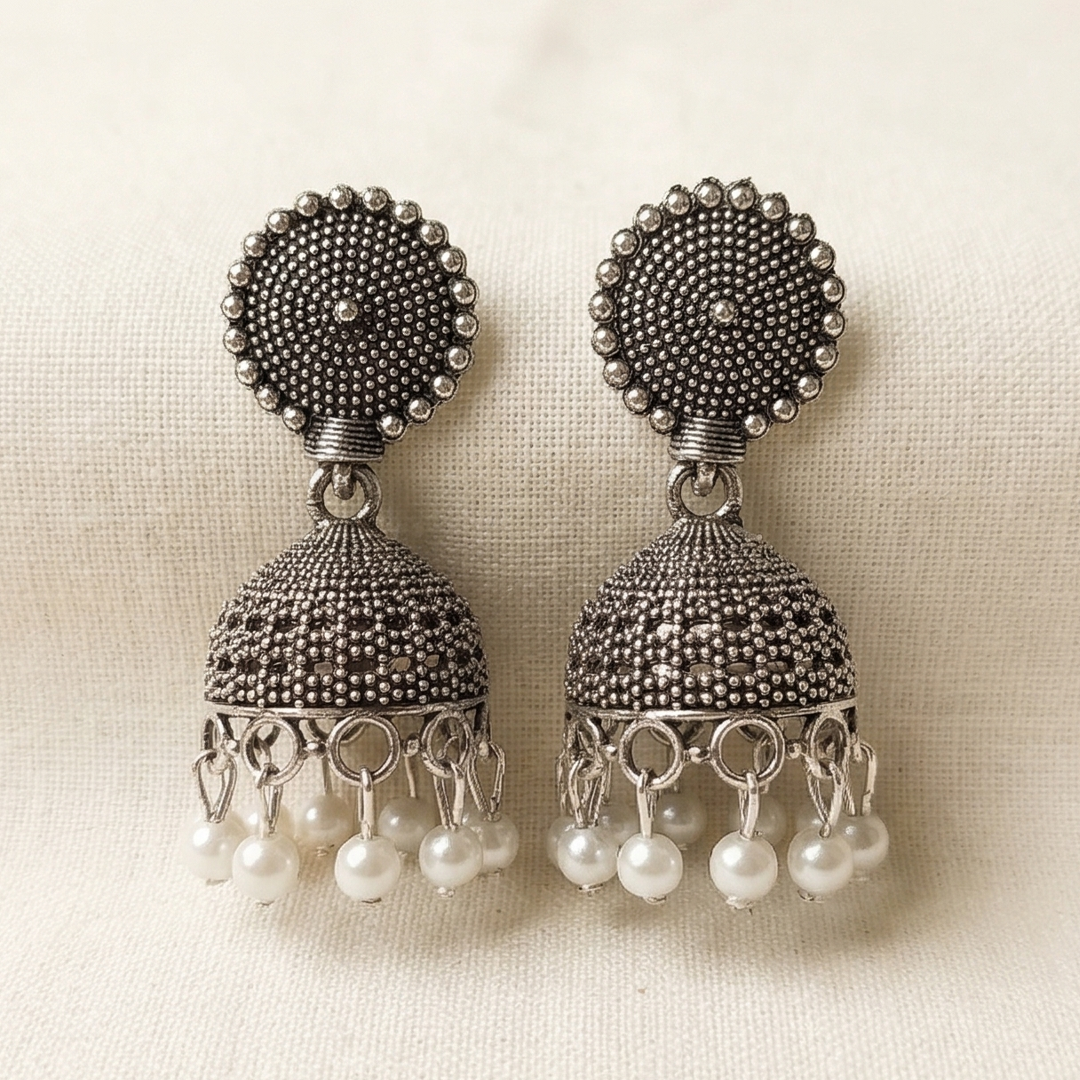 Oxidized Silver Jhumka Earrings for Women | Traditional Pearl Drop Jhumki | Ethnic & Boho Style Jewellery