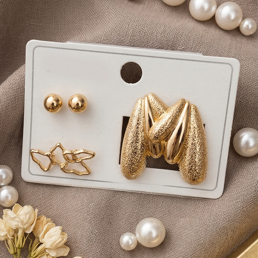 Gold Plated Earring Combo Set for Women | Ball Studs, Butterfly Studs & Chunky Hoop Earrings | Trendy Daily Wear Jewellery (Pack of 3)