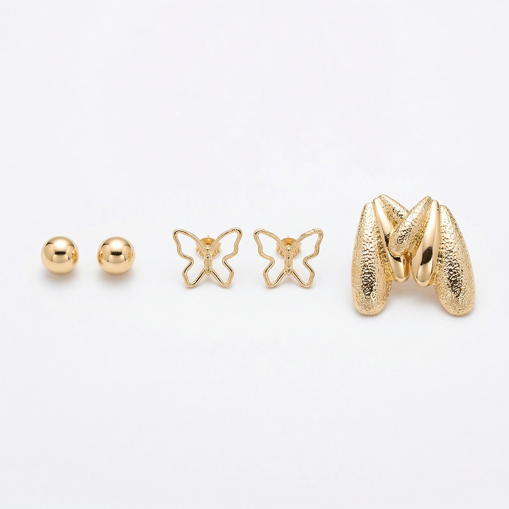 Gold Plated Earring Combo Set for Women | Ball Studs, Butterfly Studs & Chunky Hoop Earrings | Trendy Daily Wear Jewellery (Pack of 3)