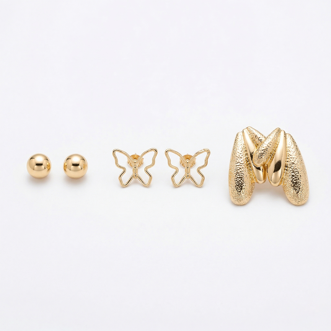 Gold Plated Earring Combo Set for Women | Ball Studs, Butterfly Studs & Chunky Hoop Earrings | Trendy Daily Wear Jewellery (Pack of 3)